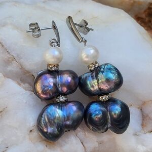 Genuine Raw Black Tahitian Pearls/white Rhodium Nieman Marcus Earrings
